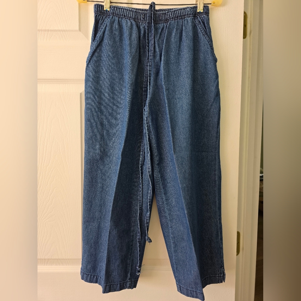 Erika Drawstring elastic waist cropped pants, blue, Small